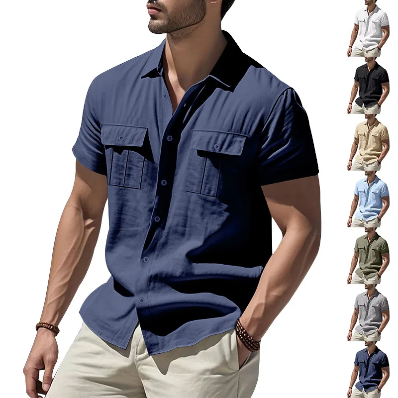 Summer Men's Casual Solid Color Collage Linen Cardigan Short Sleeve Loose Lapel Linen Shirt