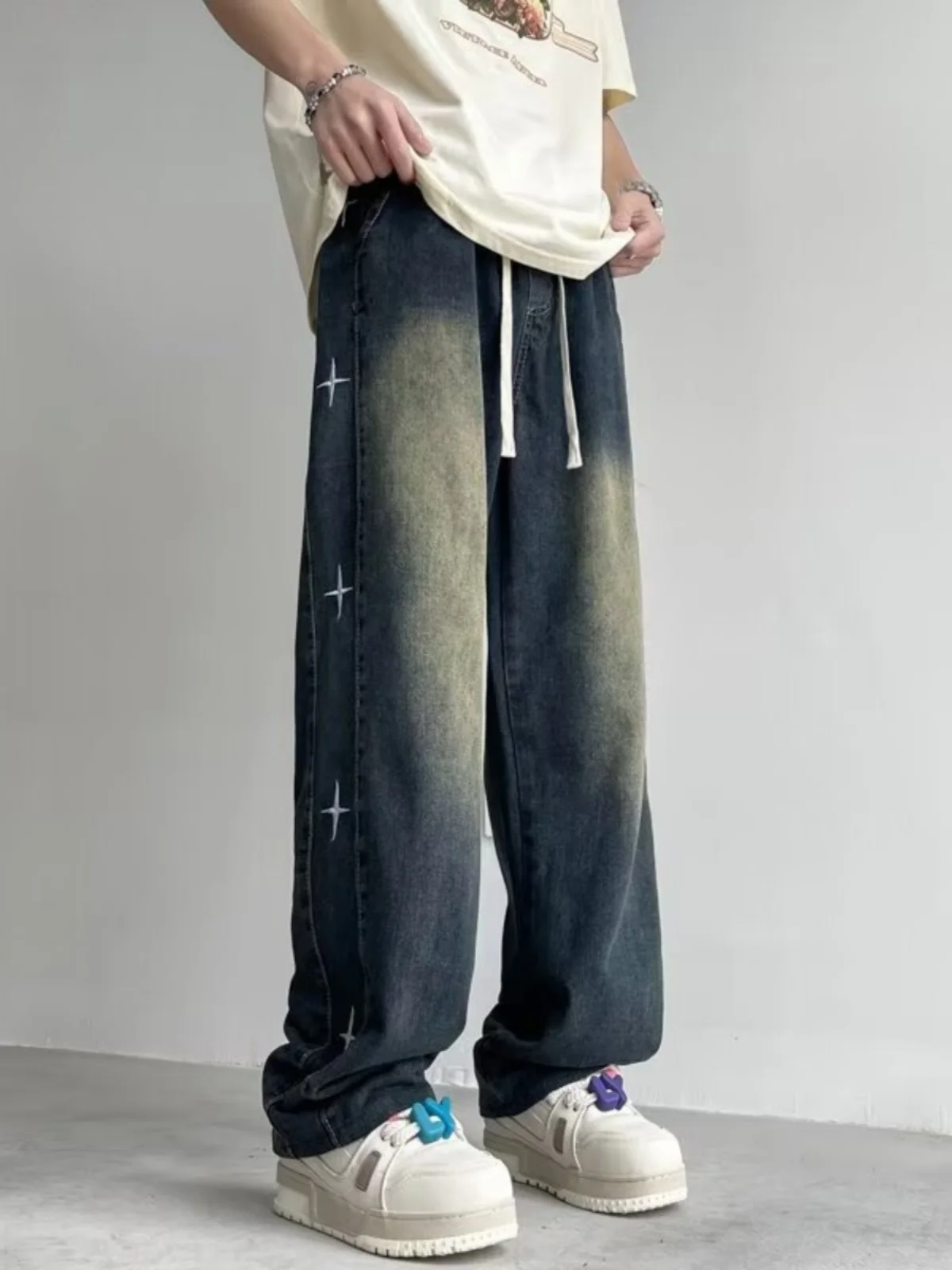 

Trendy Street Sle Men's Jeans Autumn Hong Kong Sle Casual Patchwork Embroidery Loose Wide Leg Straight Cut Denim Pants