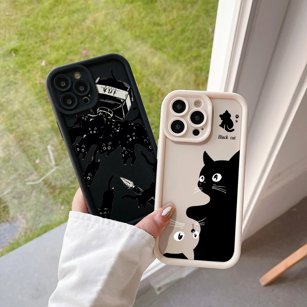 Cute Cartoon Black Cat Camera Protection Case for Huawei P20 P30 P40 P50 Mate 20 30 40 Pro Nova 7 9 10 SE Soft TPU Back Cover