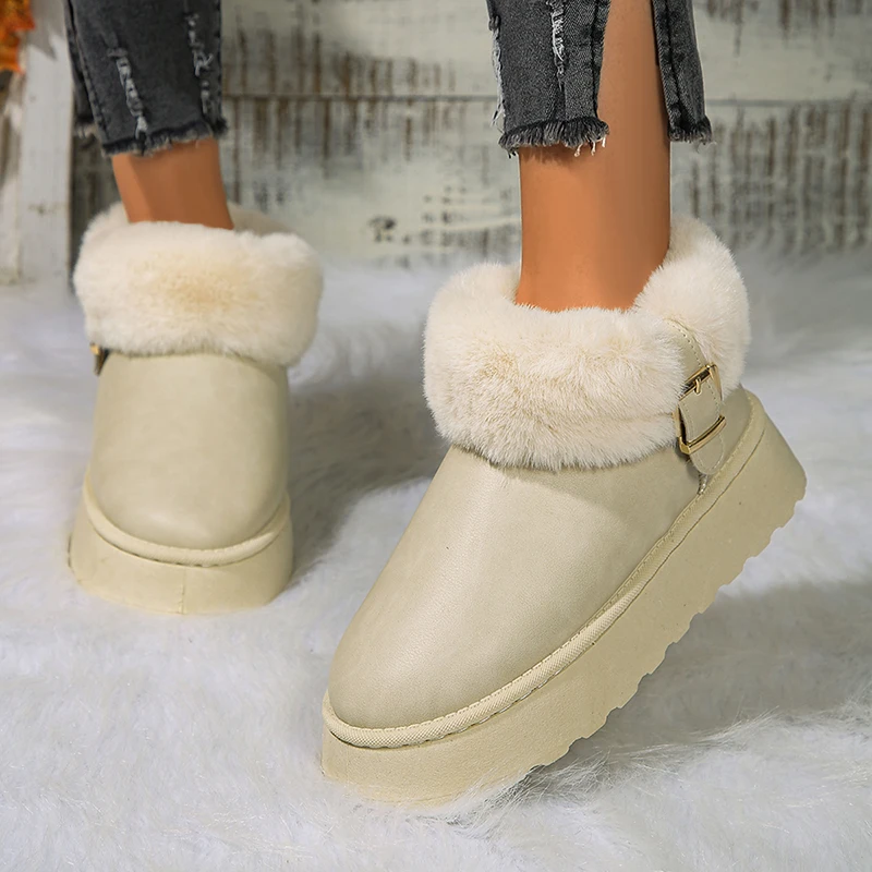 Snow Boots for Women 2024 Winter New Cashmere Boots Fashion Metal Buckle Thick Soles Plush Botas Cotton Shoes for Woman