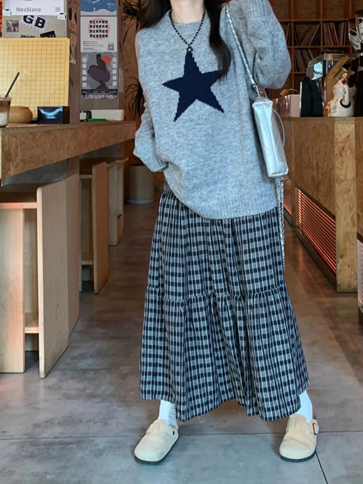 

plus Size Women's ey Star Knitted Sweater And Plaid Skirt Two Piece Set Winter Casual Sle Korean Commute Sle