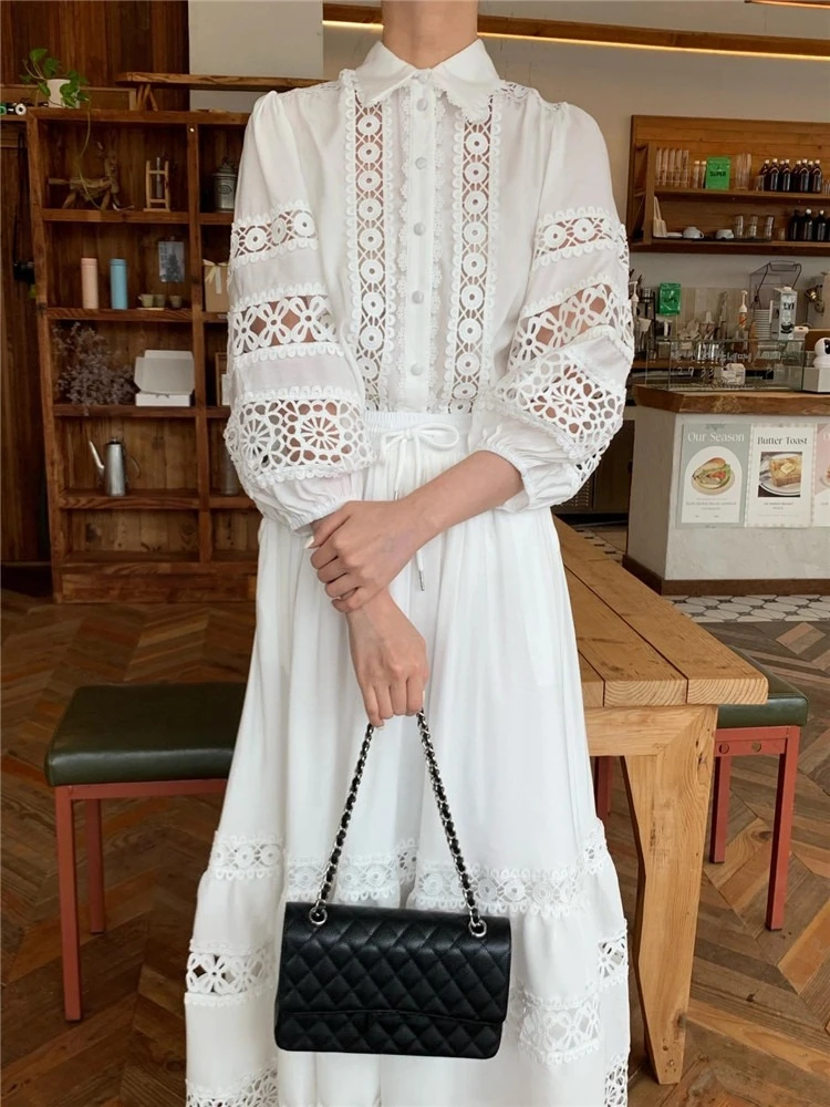 

Black White French Retro 2 Piece Sets New Fall Lantern Sleeve Crochet Hollow Lace Loose Shirt Blouse&A Line Long Skirt Suits
