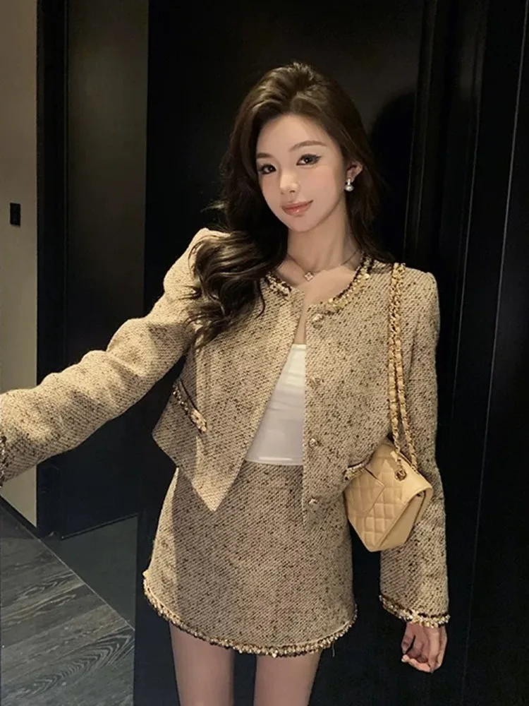 Women Outfits Fashion Vintage Jacket Coat + Skirt Two Piece Suits High Quality French Luxurious Small Fragrance 2 Piece Sets