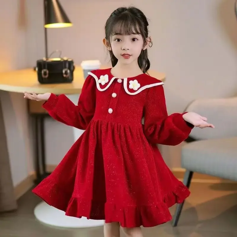 2025 New Arrival Girls' Fleece-Lined Winter Princess Red Dress - Stylish Lunar New Year Dress for 4-12 Years Old Kids