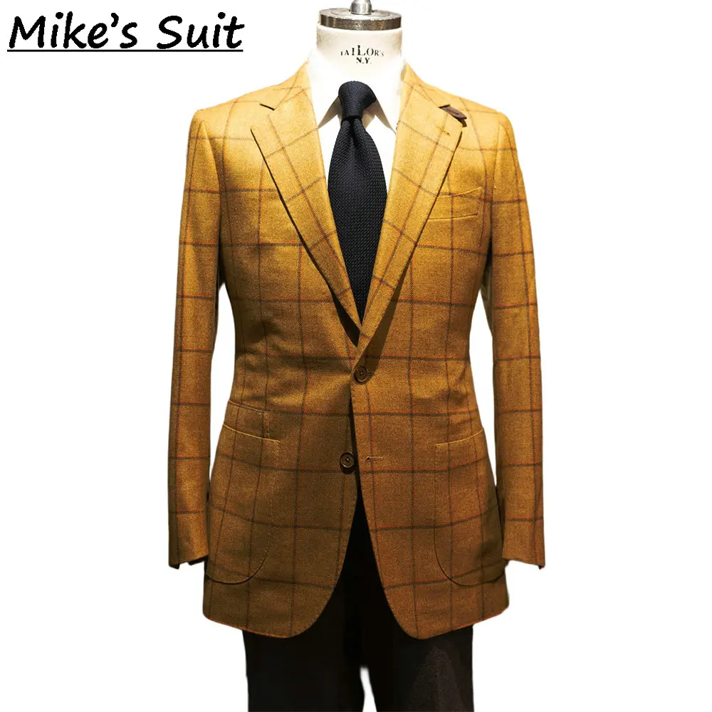 Men Mustard Yellow Windowpane Check Tweed Wool Suit Single Breasted Vintage British Formal Party Wedding Suit