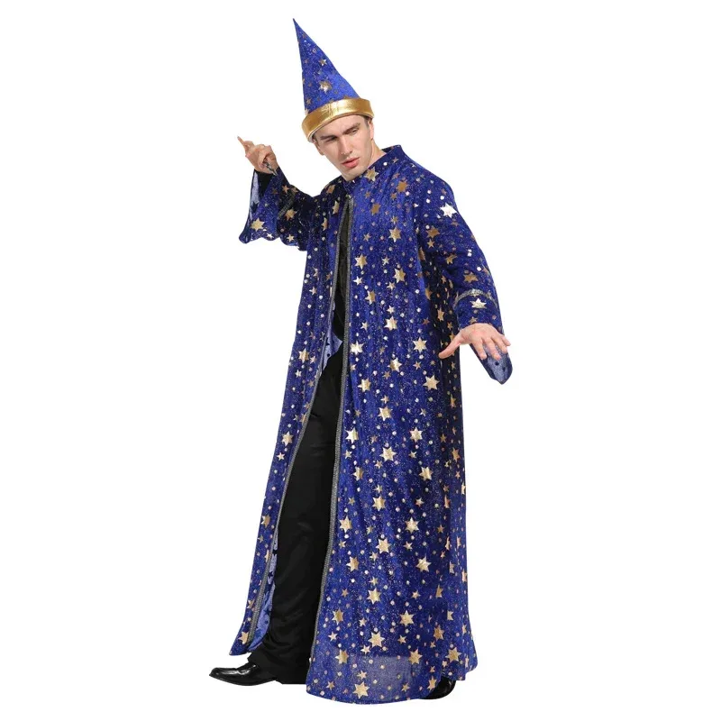 Halloween Men Blue Robe And Hat Star Moon Magic Magician Wizard Costume Cosplay Adult Role Playing Decoration Clothing