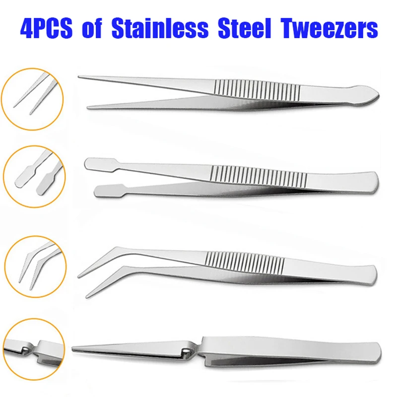 

4-Piece Combined Stainless Steel Tweezers With Pointed Flat Head Elbow Crossed and Reversed For Stamp Clamping DIY Manual