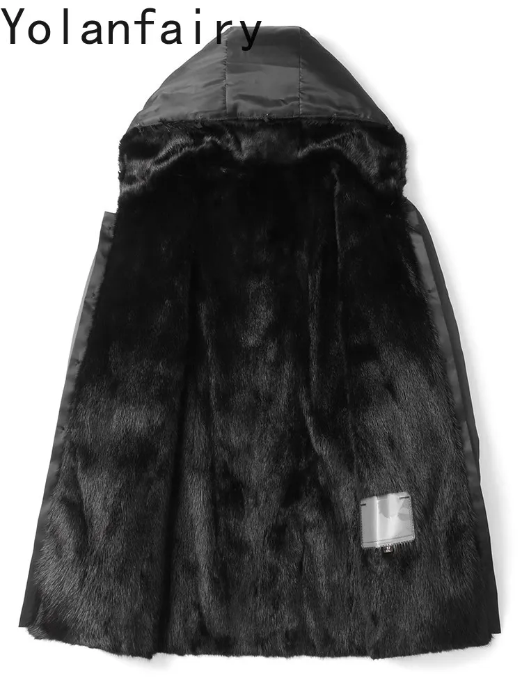 YOLANFAIRY Real Fur Coat Man Winter Hooded Fox Fur Collar Mid-length Warm Parkas Jacket Detachable Mink Fur Liner Coats Outwears