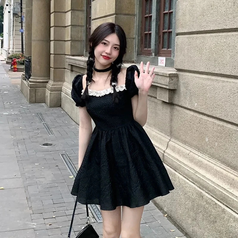 Sexy Backless Bow Dresses Women Summer Fashion High Waist Puff Sleeve Vestidos Vintage Lolita Style Square Collar A-line Dress