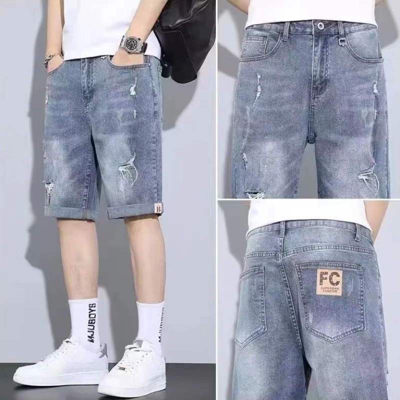 Men's Short Jeans Pants Half Bermuda Ripped Male Denim Shorts Long Straight with Text Original Thin Designer Y2k Fashion Buttons