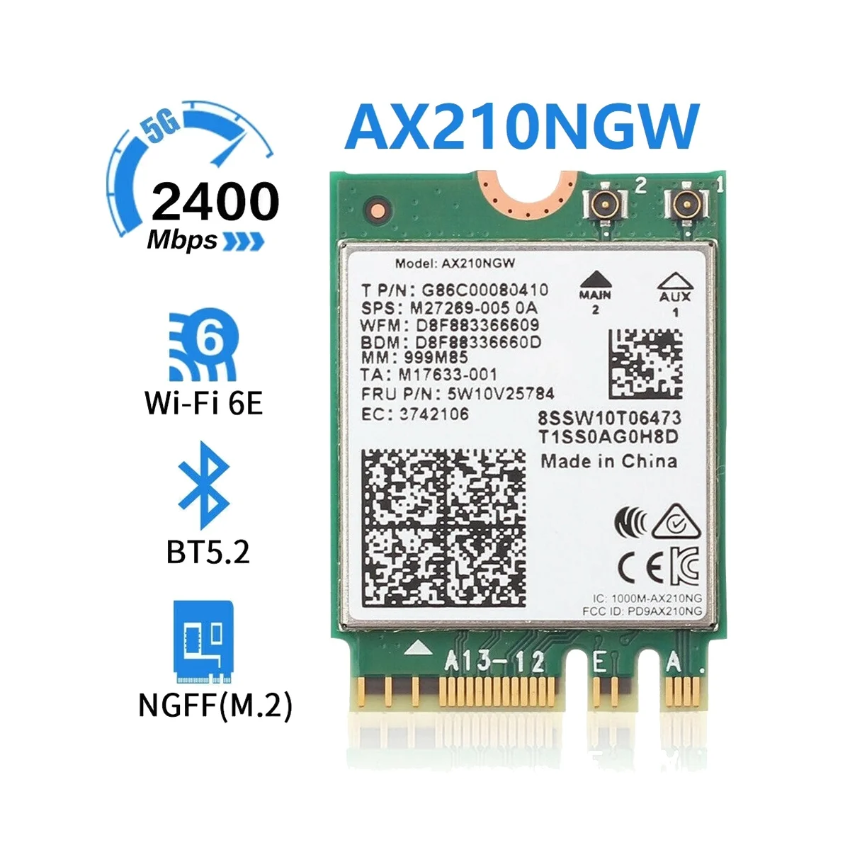 AX210 AX210NGW Network Card M.2 NGFF 2.4Ghz/5G WI-FI 6E 2400Mbps WiFi Card 802.11Ax Bluetooth 5.2 WiFi Adapter