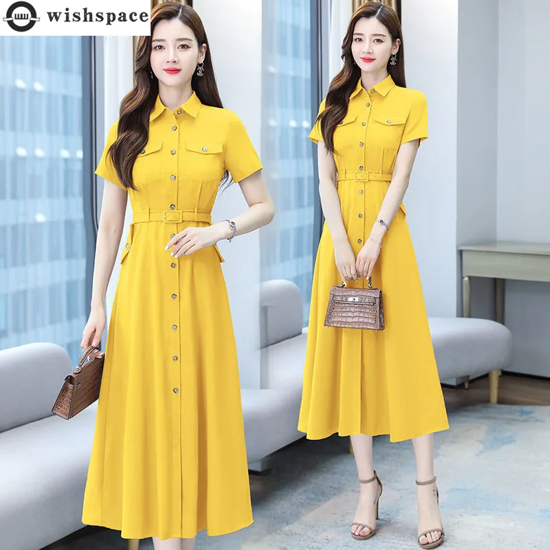 

Summer New Shirt Collar Short Sleeve Sundress Elegant Women's Dress Belt Decoration Vestido Female Simple Robe Party Dresses