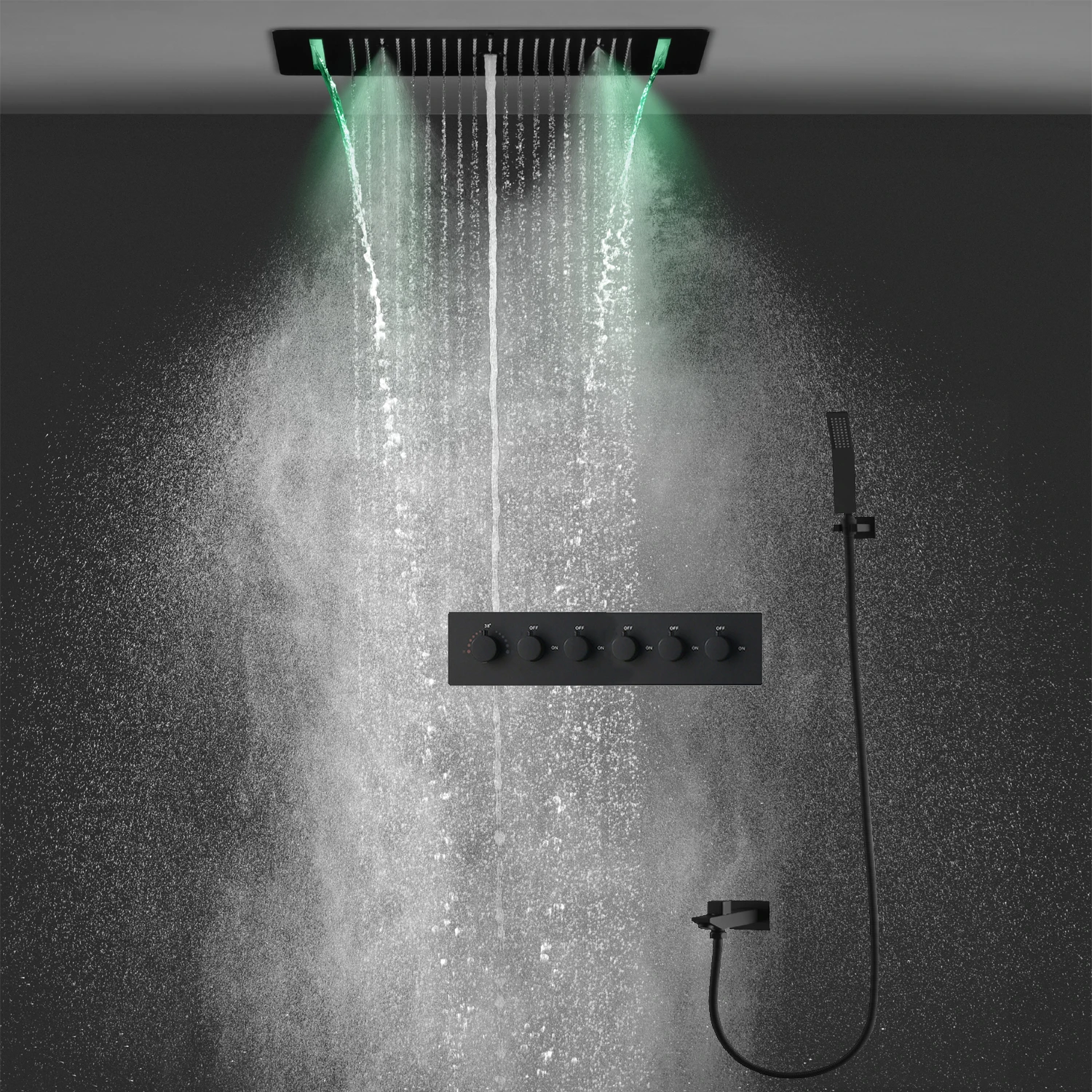 

hm Luxury Ceiling LED Shower System Set 700×380MM Massage Waterfall Rain Shower Head Panel Bathroom Thermostatic Shower Faucets