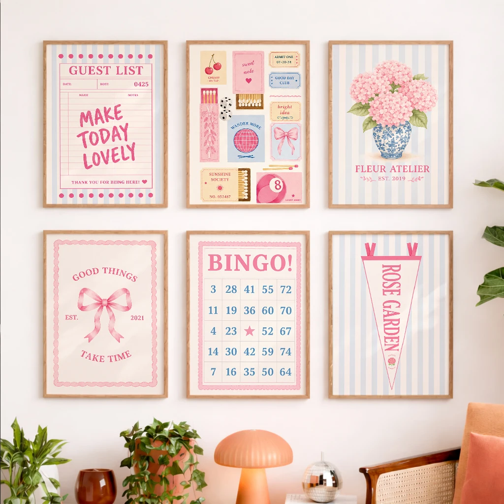 Set of 6 Pink Blue Vintage Canvas Poster Guest List Bingo Bow Rose Garden Hydrangea Tickets Collage Dorm Room Wall Art Decor