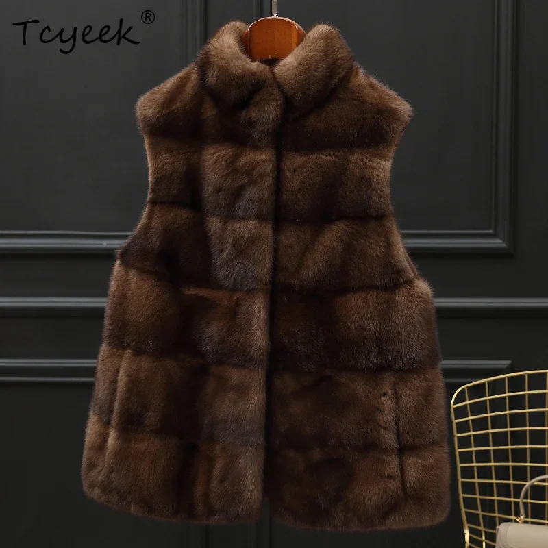 Tcyeek Gilet di Pelliccia di Visone Naturale Delle Donne 2025 Autunno Inverno Vestiti di Media Lunghezza Gilet di Pelliccia Reale per la Donna Visone Intero Nuovo in Capispalla