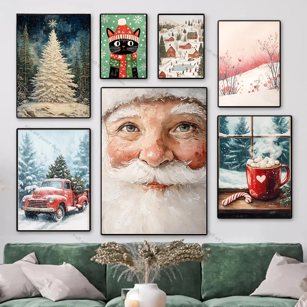 1pc Canvas Painting frameless Christmas Wall Art Winter Paintings Holiday Decor Christmas Posters Winter Room Painting Nursery C