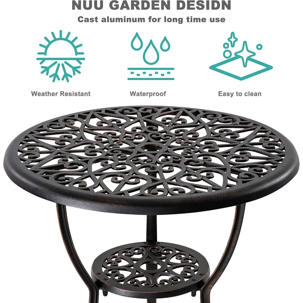 3 Piece Outdoor Bistro Set Cast Aluminum Patio Set Bistro Table Set Rustproof Patio Table and Chairs with Umbrella Hole