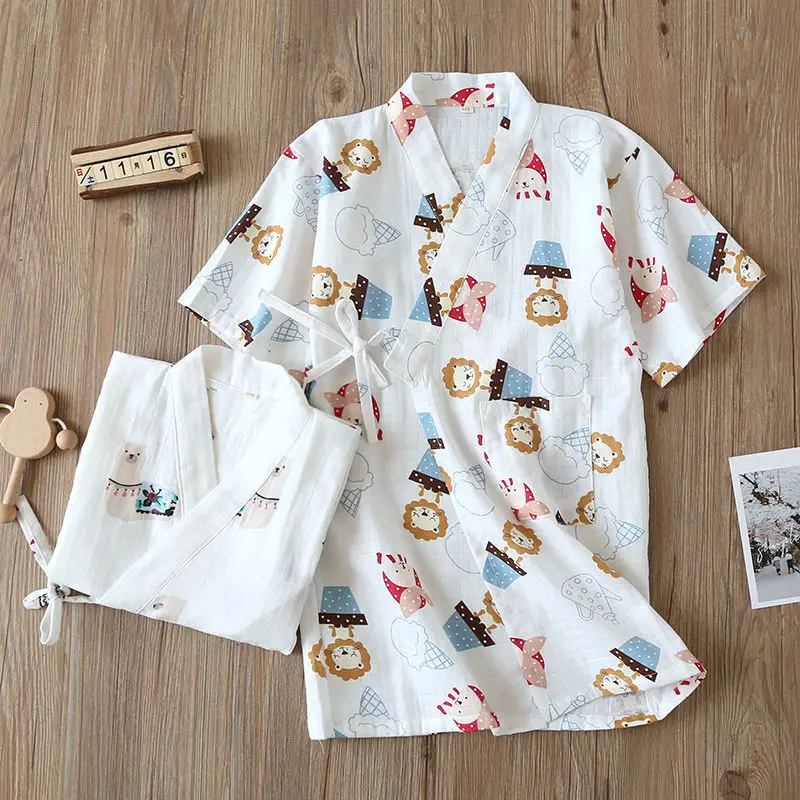 Children's Japanese Kimono Yukata Kids Cotton Short-Sleeved Sleepwear Long Cute Cartoon Print One-Piece Pajama Dress 1PCS LC971