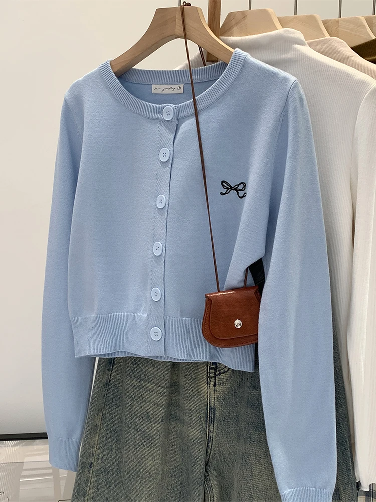 Korean Style Knitted Cardigan Women's Blue Sweater Unique Beautiful Top for Small Figures Autumn New Arrival Commute Fashion
