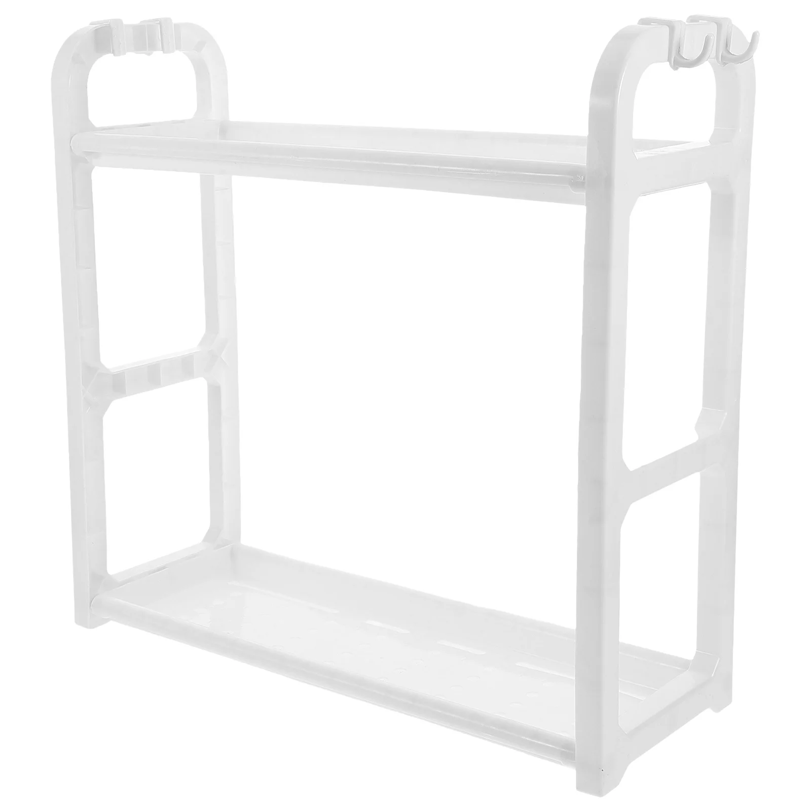 

2-Tier Tabletop Rack White Kitchen Counter Organizer Bathroom Storage Shelf With Hooks For Spices Bottles Cans Cups