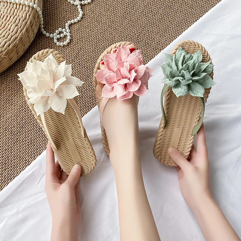 

Summer Floral Clip Toe Slippers Korean Casual Fashionable Beach Women's Flip Flops Beach Style Pvc Outdoor Flat Slippers