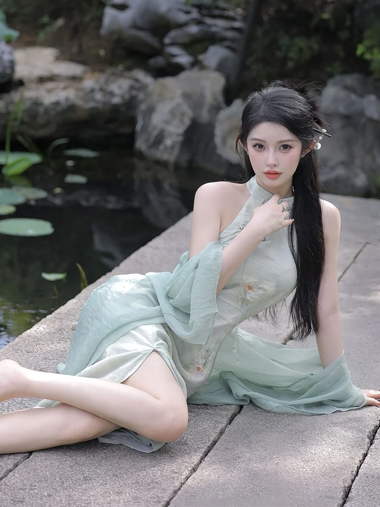 

New Chinese Sle Set High-End Sensation Name Lady Cold Sensation Nelace Improved Print Long Skirt awl Cover up...