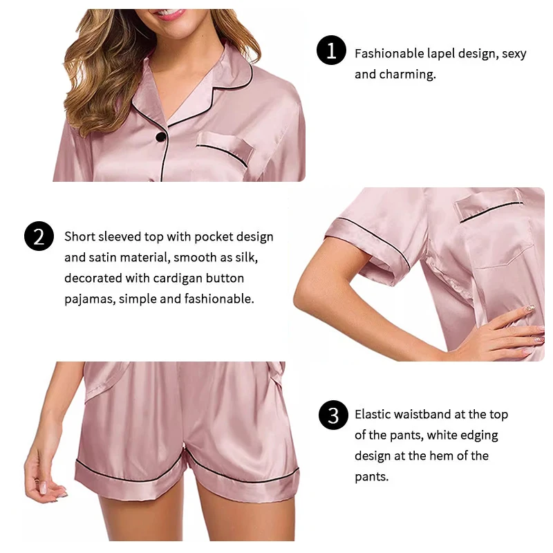 Women\'s Pajamas Set Satin Sleepwear Button down Tops and Shorts Solid 2 Piece Suit Pyjama Ladies Nightwear Loungewear for Summer