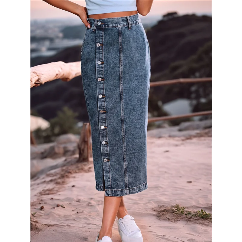 ABP-Falda vaquera midi de mezclilla con abertura informal para mujer, cintura alta elástica, deshilachada, con botones