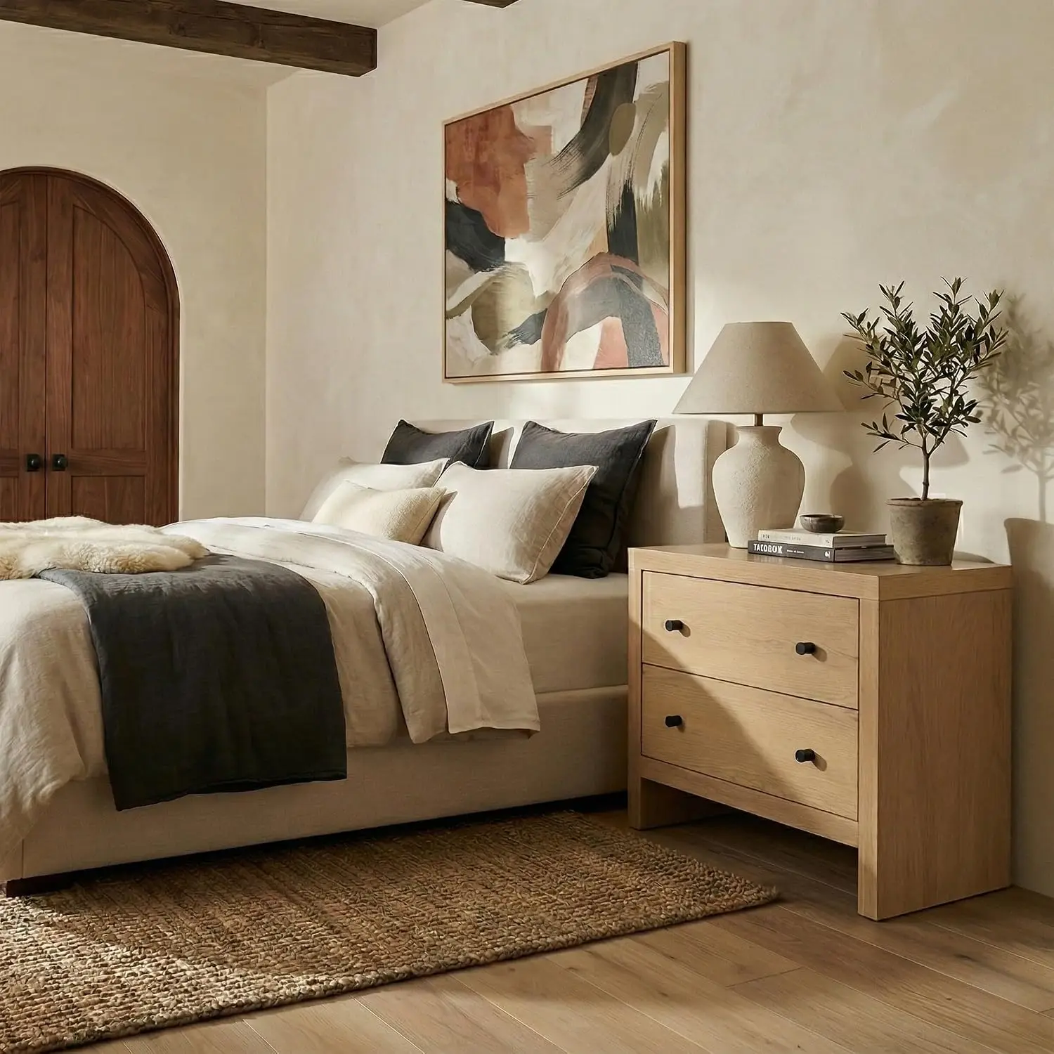 Oak Nightstand with 2 Drawers Modern Bedroom Storage Fully Assembled 30
