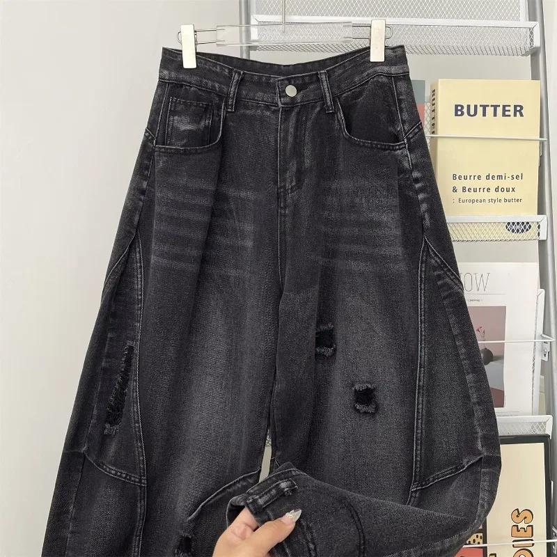 Men Jeans Straight Cut Baggy Denim Trousers Man Pants Retro Distressed Faded Loose Streetwear Patchwork Hole Pant