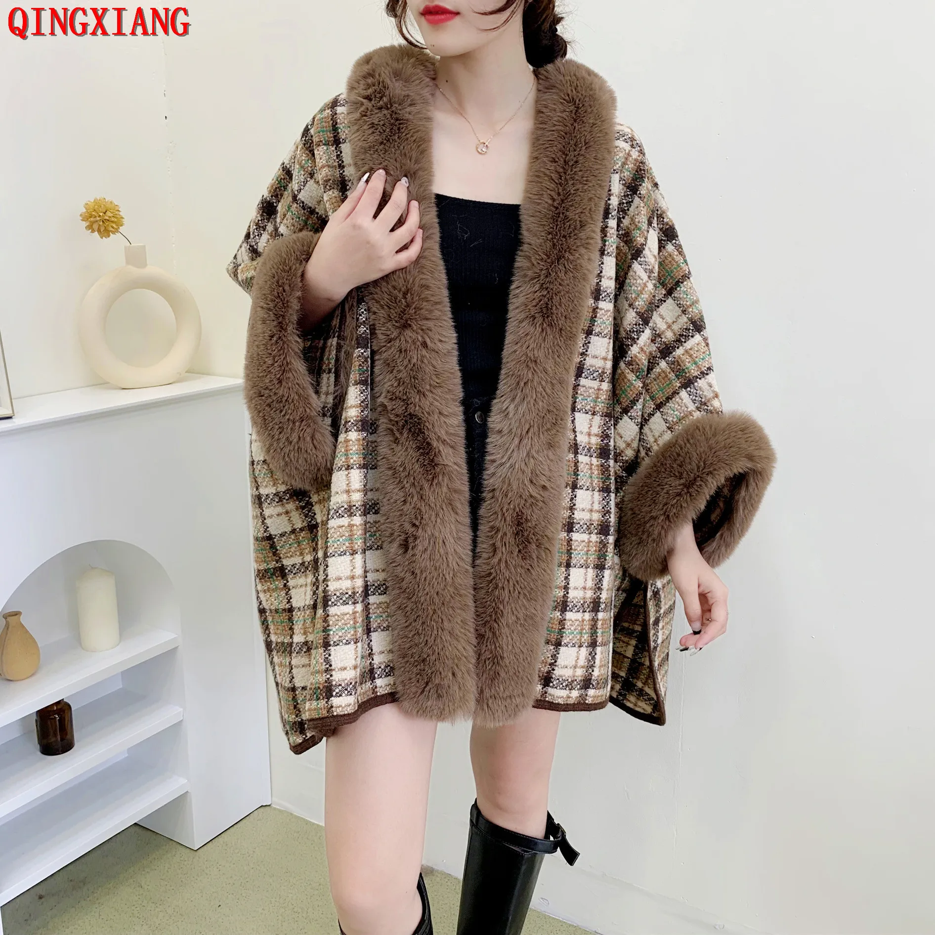 

5 Colors 2022 New Women Winter Thick Streetwear Long Faux Rabbit Fur Collar Loose Poncho Capes Plaid Batwing Sleeves Cloak Coat