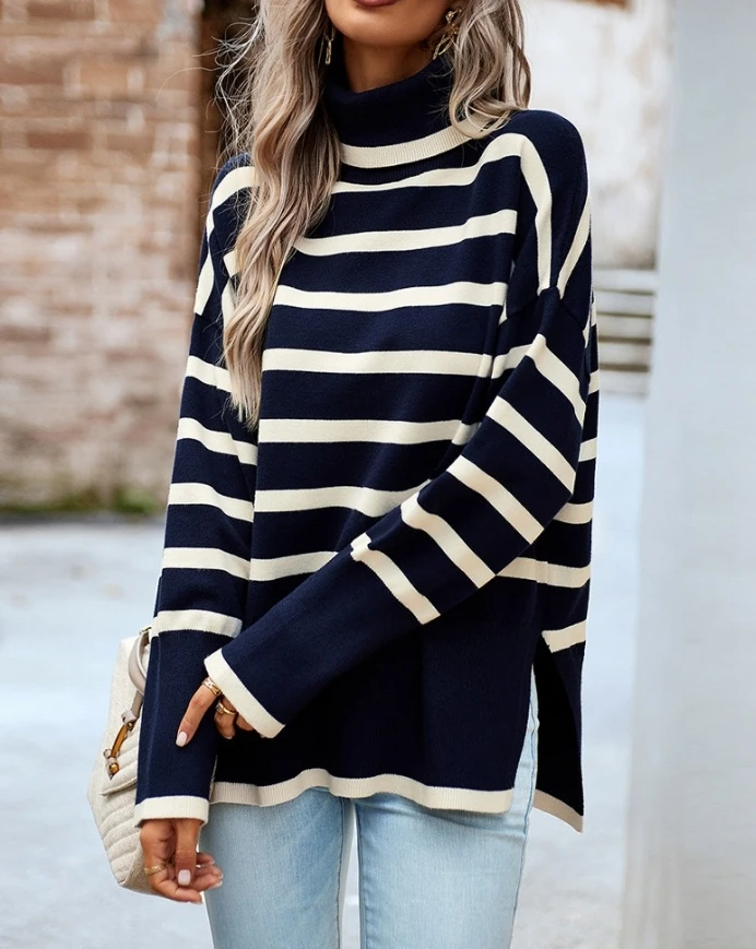 Striped High Neck Side Slit Knit Sweater 2025 Autumn Winter Spring New Fashion Casual Elegant T-Shirt Pullover Tops