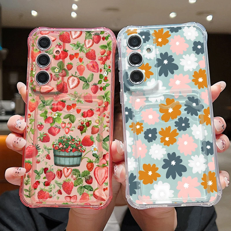 Card Pocket Phone Case For Samsung Galaxy S26 S25 S24 Ultra S23 S25 FE A57 A37 A17 A56 A55 A16 A54 Colorful Flower Printed Cover