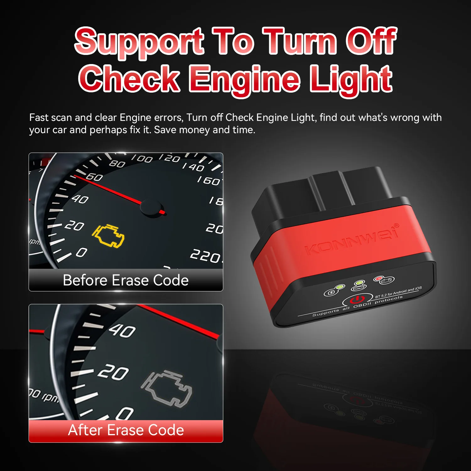 Upgraded ELM327 Dual Mode Bluetooth 4.0/5.0 OBD2 Scanner, Car Fault Diagnostic Code Reader for Android & IOS