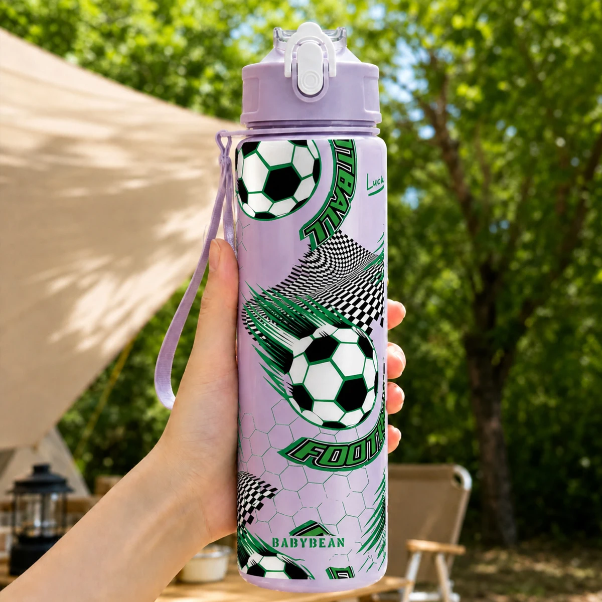 Sports Football Print Water Bottle Flip Lid Leakproof Cup With Carry Strap For Gym School Travel Kids Adults