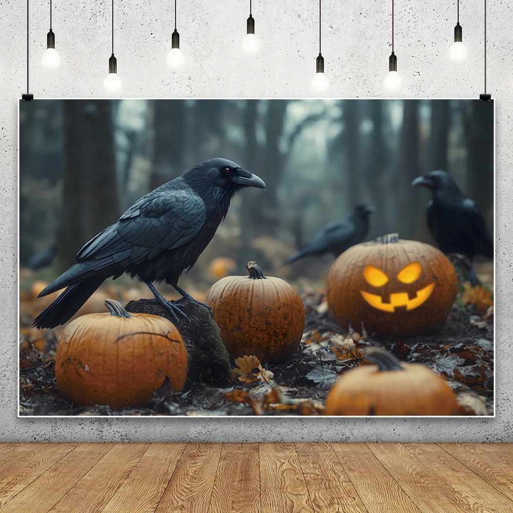 

Horror Halloween Photography Background Forest Gothic Thrilling Black Crow Pumpkin Lantern 2025 Halloween Party Photo Backdrop
