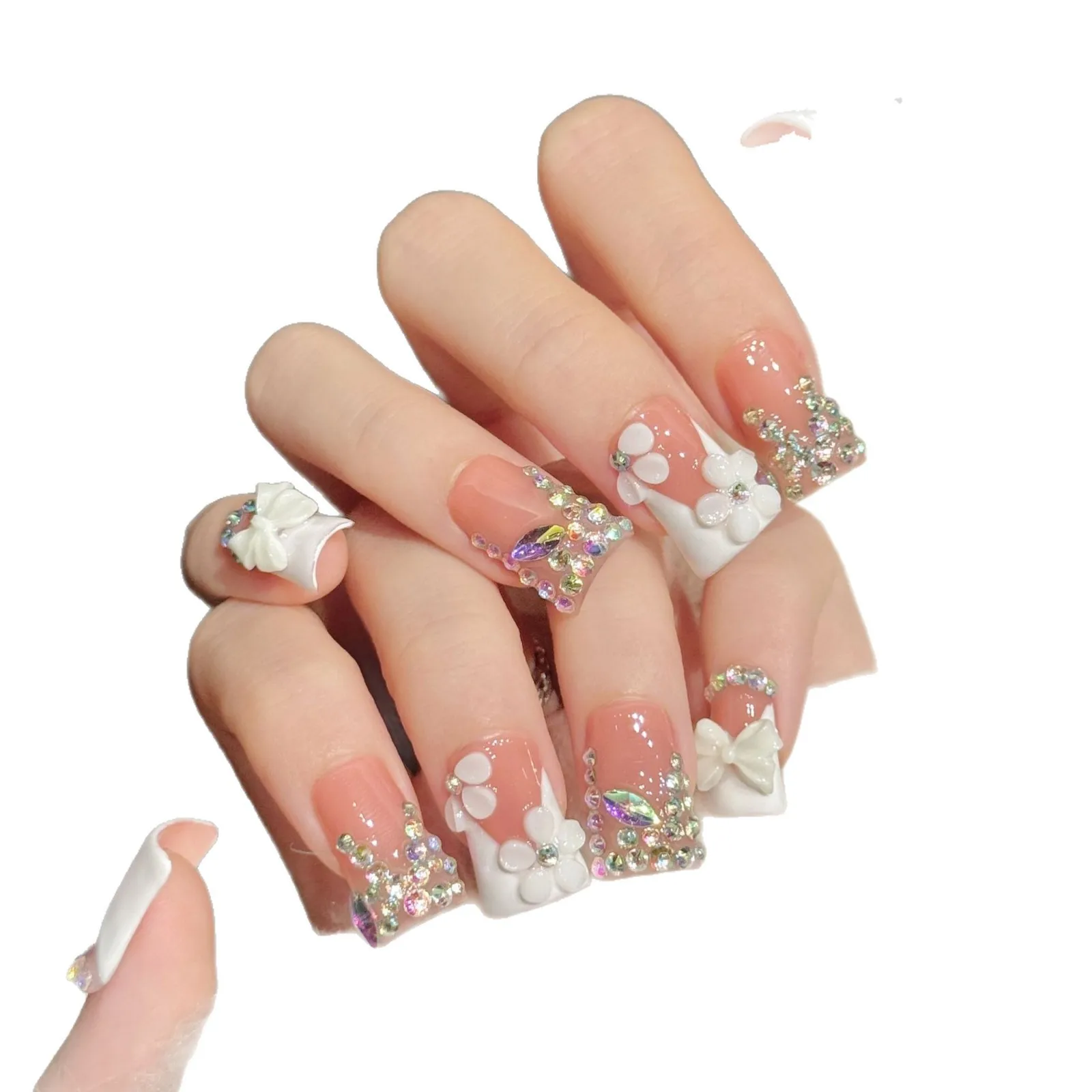 10PCS Luxury Handmade Press On Nails Pink White Bow Rhinestone Duckbill Design Glamorous False Nails With 4-PIECE Tool Adhesive