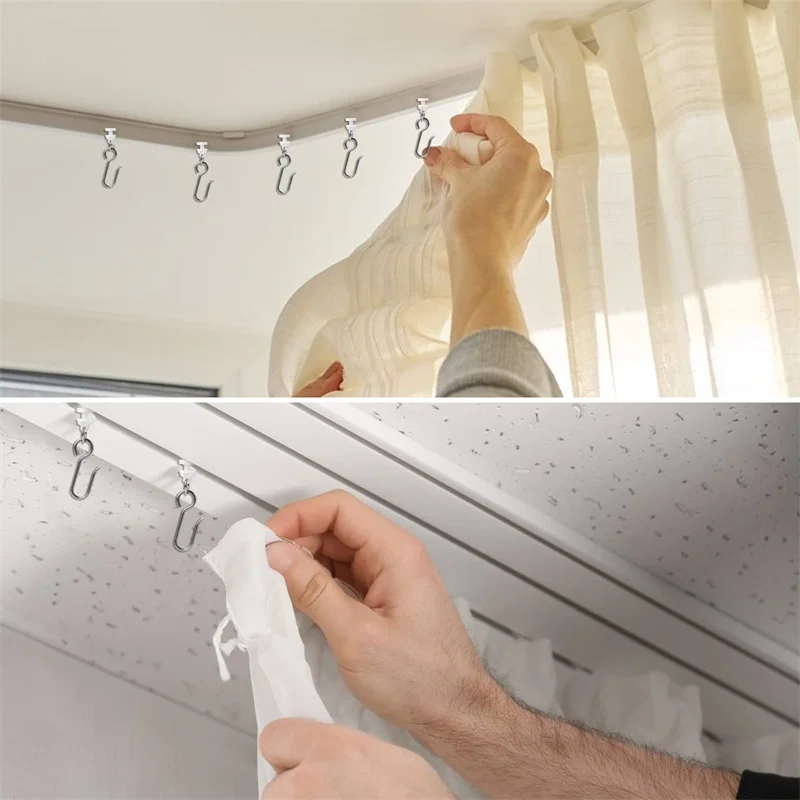 50 Stück Metall-Vorhangschienenhaken, S-förmige kleine Vorhanghaken, Deckenvorhangschienenhaken und Kunststoffgleiter, Schienenrollen für – Detail 2