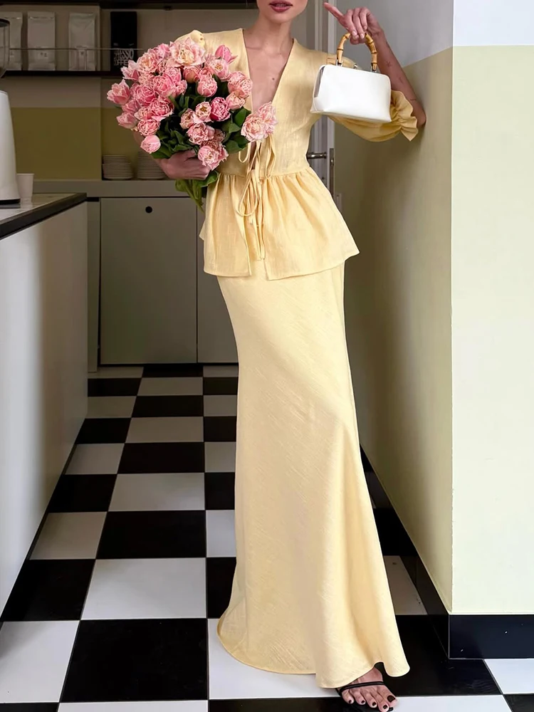 

Talenza Yellow Ruffled Skirt Set For Women Puff Sleeve V Neck Lace Up Top Loose Skirt Set Lady Beach Party Elegant Dress Sets