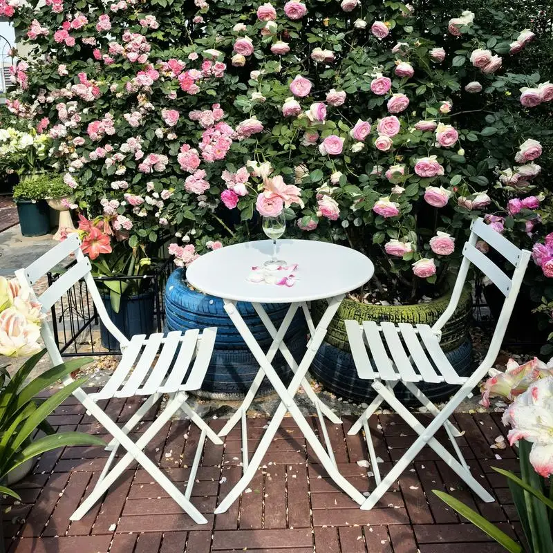 طقم بيسترو للفناء مكون من 3 قطع قابل للطي مع طاولة مستديرة وكراسي، أثاث خارجي أبيض #1