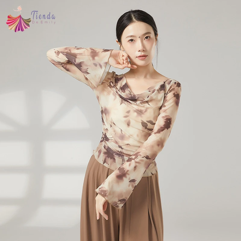 Womens Long Flared Sleeve Mesh Blouse Saree Dance Top Leaf Printed Sheer Shirt Flowy Practice Costumes Slim Daily Casual Clothes