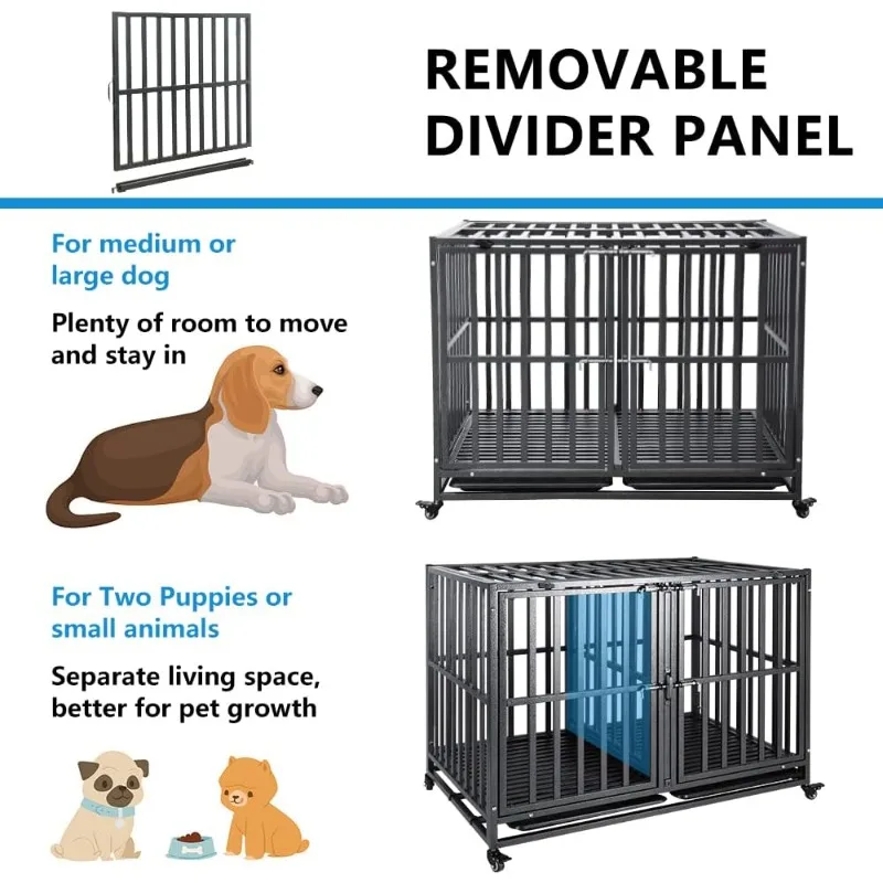 Dog Crates with Divider- Heavy Duty Dog Cage and Kennel for 2 Small or Medium Dogs