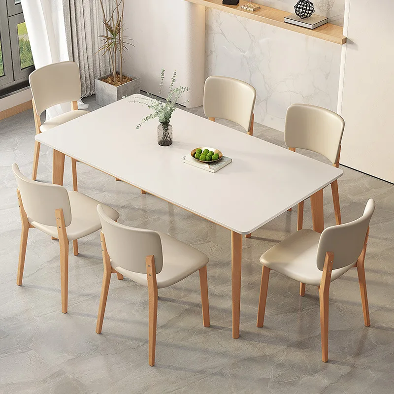 Mesa De Comedor De madera maciza, mueble Rectangular De lujo, Simple y moderno, estilo crema, mármol y pizarra