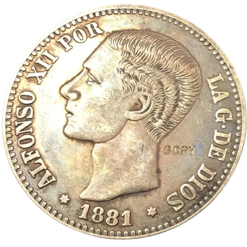 

1881 Spain 5 Pesetas-Alfonso XII 2nd portrait Copy Coin