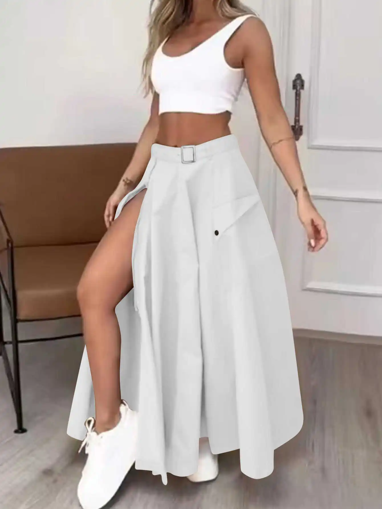 Fashion Casual High Waist Long Skirt Split Design Commute Style Pure Color Summer Women's Dress Elegant Personality Split