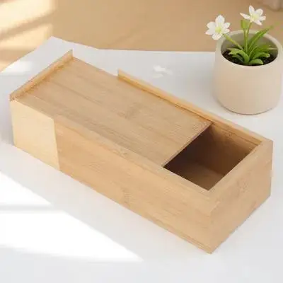 

Wooden Storage Box Sliding Lid Unfinished Decorative Bamboo Keepsake Pencil Organizer Desk Storage