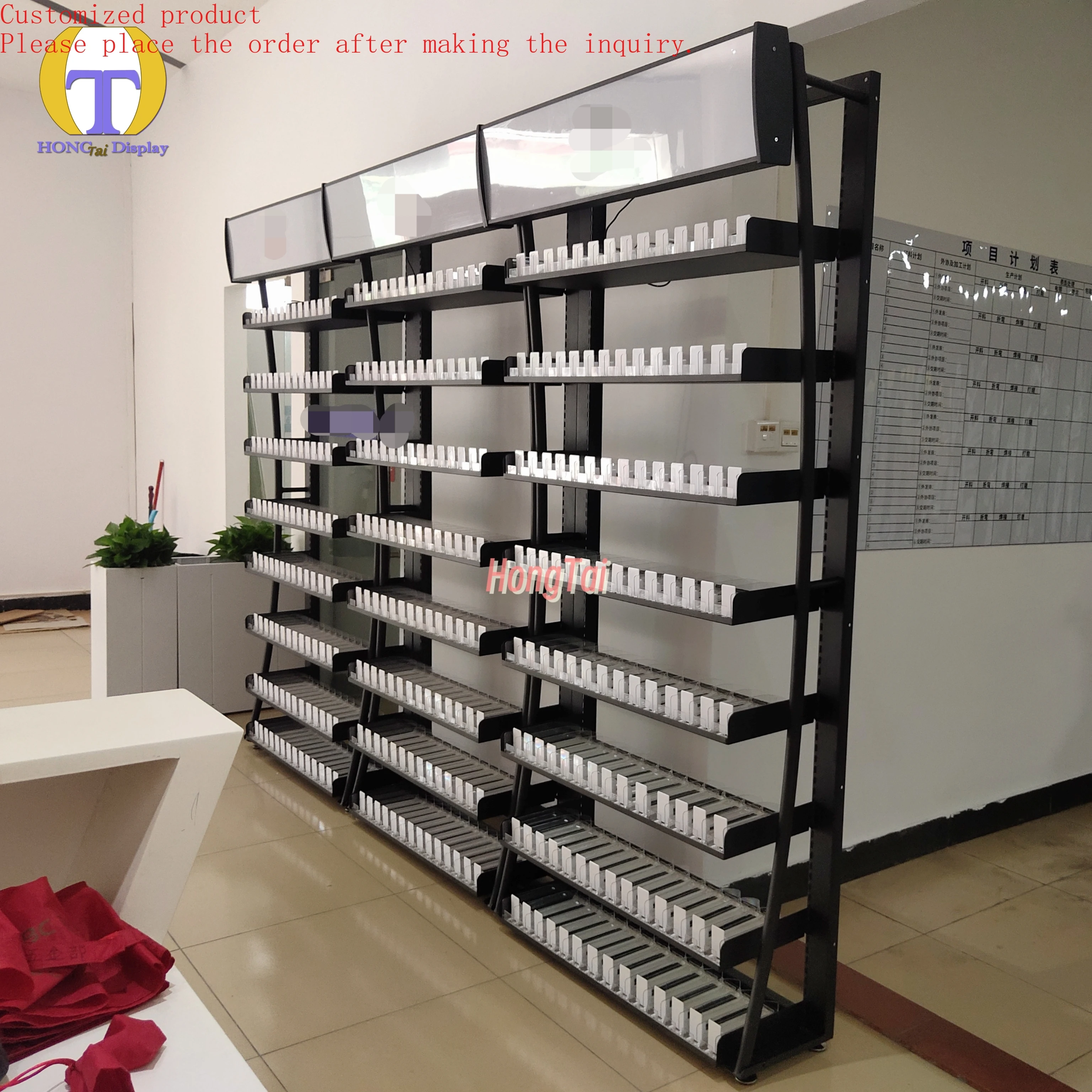 

Custom.Customized Tobacco Cabinet Adjustable Iron Frame With Smoke Pusher Illuminated Light Box Cigarette Display Case Shelf