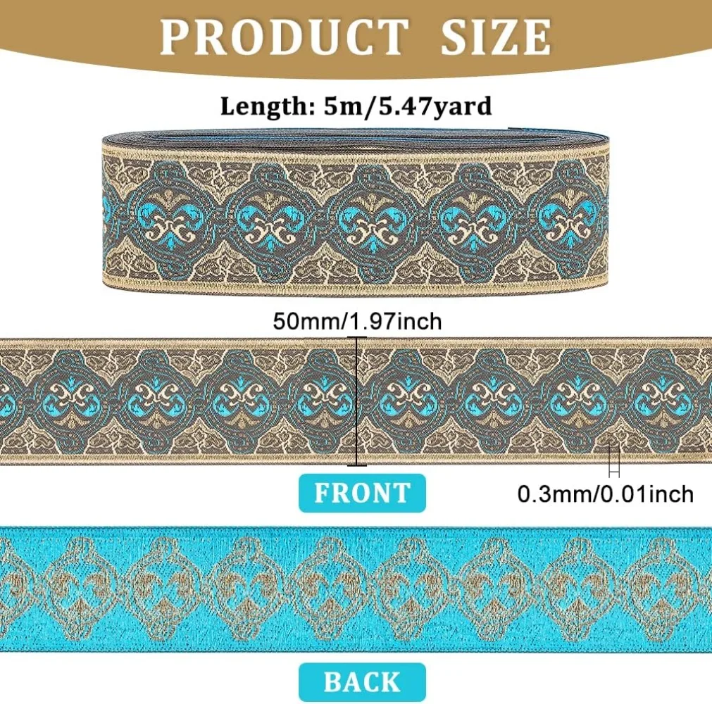 5.5 Yard 2 inch Gold Blue Vintage Jacquard Ribbon Ethnic Style Floral Pattern Embroidery Woven Trim Polyester Fabric Trim Retro