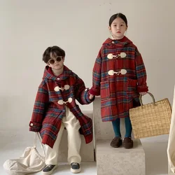 Winter 2024 Korean Kid Girls Coat Cotton Thicken Warm Long Children Girl Outerwear Coat Plaid Horn Button Hooded Kid Girl Jacket