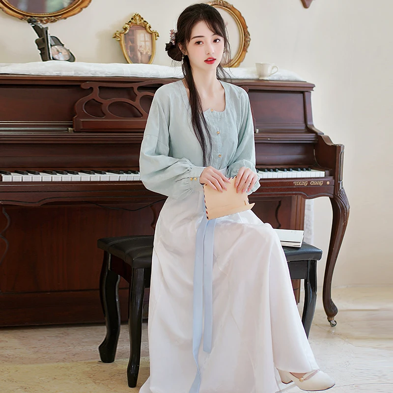 Tang Style Half-length Skirt Set with Long Sleeve Chicken Heart Collar Shirt Eight Break Skirt Slimming Daily Wear Ammonia Fiber